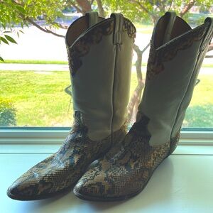 Vintage Leather & Snakeskin Cowboy Boots - Cream & Tan Size 9